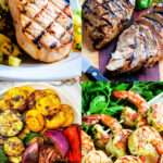 Grilled pork chop, chicken breast, vegetables and shrimp skewers.
