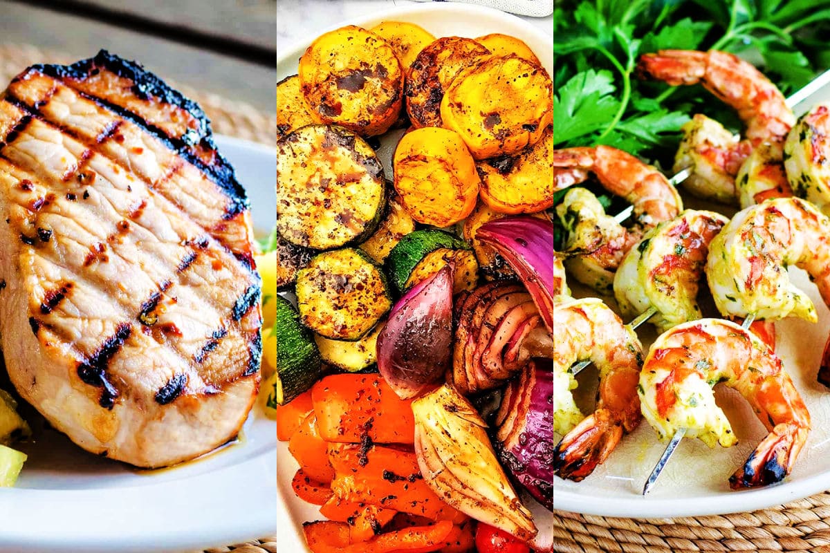 Grilled pork chop, vegetables and shrimp skewers.