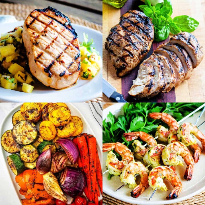 Grilled pork chop, chicken breast, vegetables and shrimp skewers.