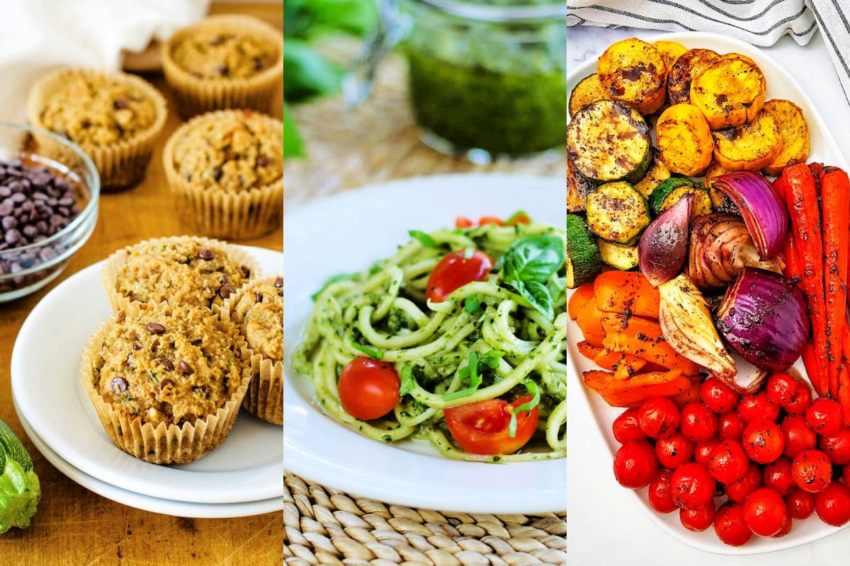 Zucchini muffins, zoodles with pesto and tomatoes,  and grilled zucchini, yellow squash and veggies.