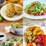 Zucchini muffins, zoodles with pesto and tomatoes, chicken stir fry and grilled veggies with zucchini.