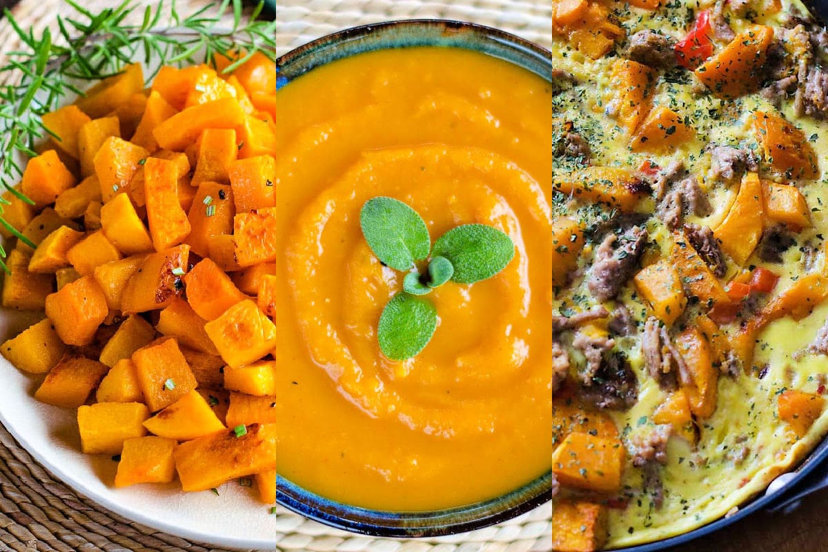 Butternut squash dishes including soup, roasted squash, and a frittata for fall.
