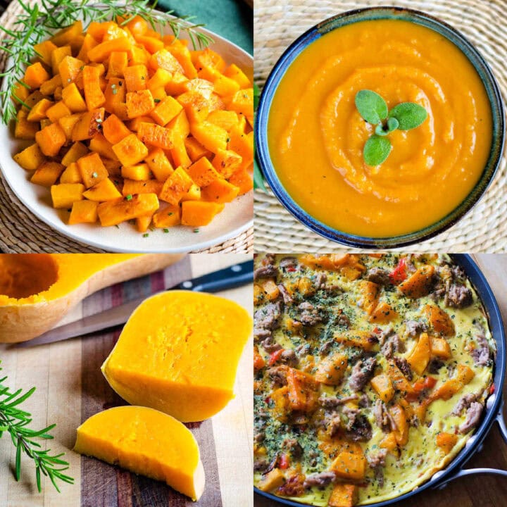 Butternut squash dishes including soup, frittata, sliced and roasted for fall.