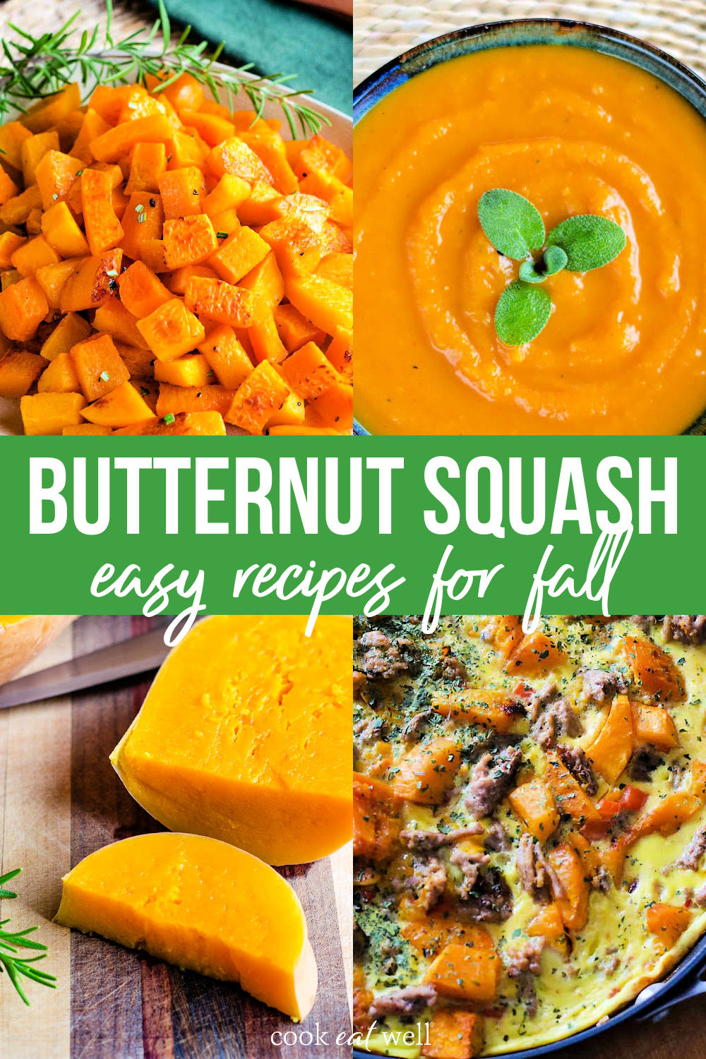 Delicious butternut squash dishes including soup, roasted, and frittata for fall.