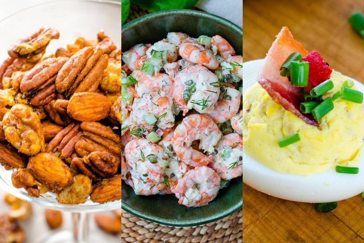 Thanksgiving appetizers including spiced nuts, shrimp salad and deviled eggs.