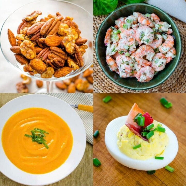 Thanksgiving appetizers including spiced nuts, shrimp salad, soup, and deviled eggs.