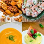 Thanksgiving appetizers including spiced nuts, shrimp salad, soup, and deviled eggs.